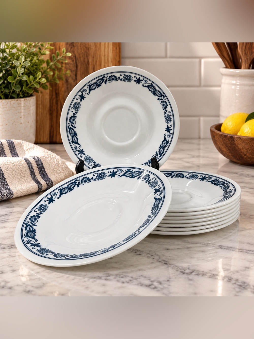 Vintage Corelle Old Town Blue Onion 6.25” Saucers Set of 8 USA 1970s